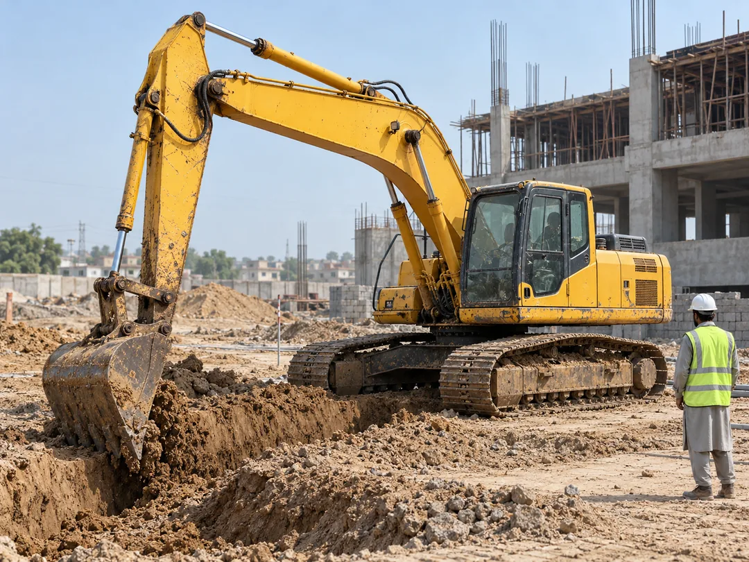 Illustrative tracked excavator example at a Pakistani construction site; actual unit photos are supplied by verified owners
