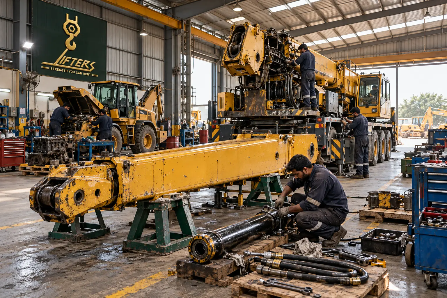Illustrative Lifters.pk heavy equipment workshop repair scene